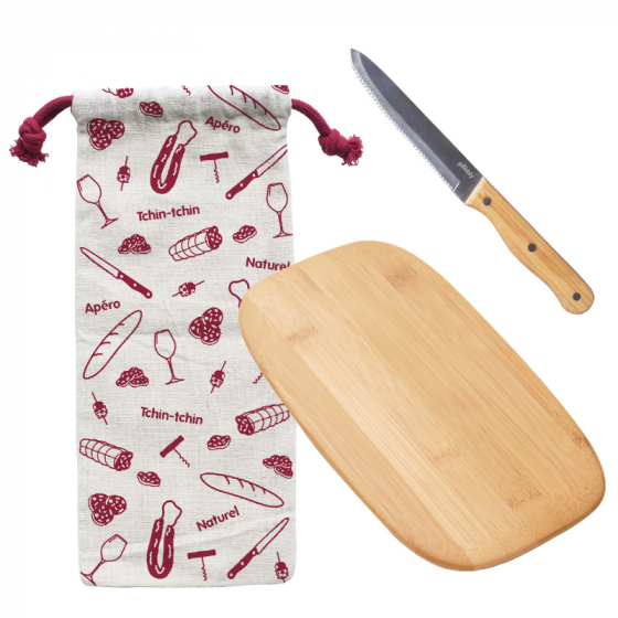 Aperitif set: cutting board, sausage knife and linen bulk bag